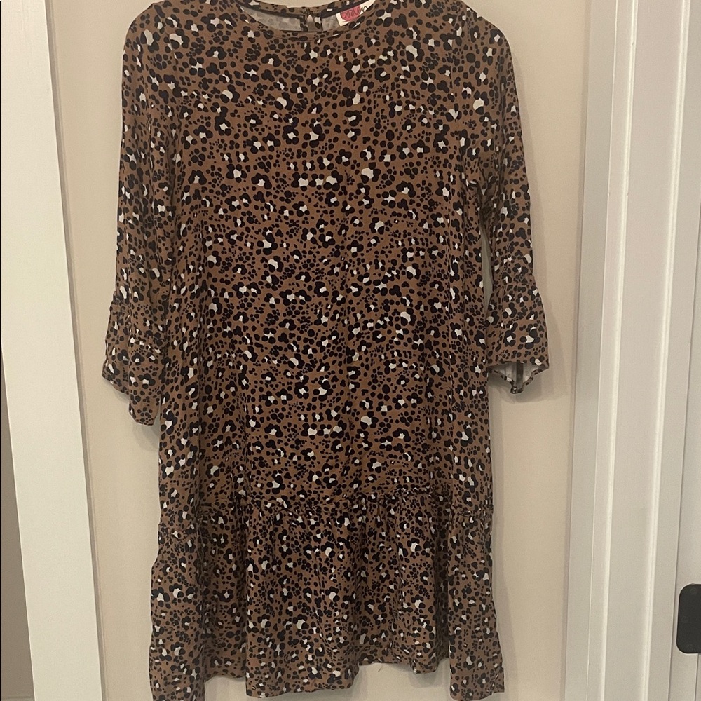 Girls Boden Brown and Black Animal Print drop waist Dress size 13-14y